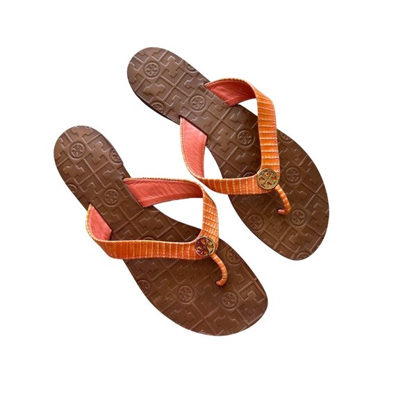Tory Burch Women's Size 12 Orange Leather Thong Sandals Logo Accent - Picture 1 of 7